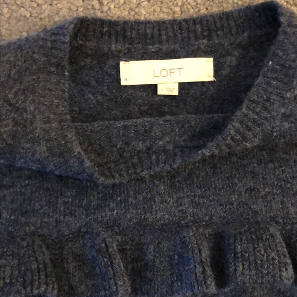 Loft | Open Shoulder Ruffle Navy Sweater - Picture 8 of 8